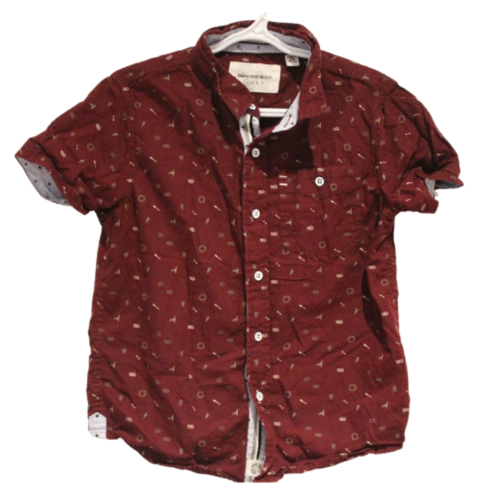 3/$25 🏷 Paper Denim & Cloth Burgundy Pattern Short Sleeve Dress Shirt Size 4